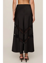 Z SUPPLY Kori Lace Inset Skirt in black, back view on model, showing sheer mesh and lace panel inserts on flowing maxi skirt