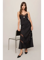 Z Supply Kori Lace Inset Skirt in black, midi length with chevron lace panels, worn by model with matching black cami top