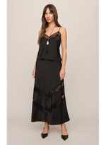 Z SUPPLY Kori Lace Inset Skirt in black satin with diagonal lace panels, worn by model with matching cami top, front view
