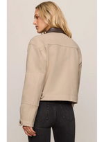Z SUPPLY Rey Cropped Chore Jacket in Soapstone, back view on model, with dark brown collar contrast and button cuffs