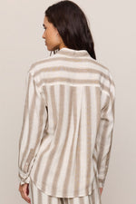 Z SUPPLY The Perfect Striped Button Up in Light Toffee, back view on model showing tan and white vertical stripes and long sleeves