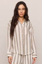 Z SUPPLY The Perfect Striped Button Up in Light Toffee, tan and cream vertical stripes, front view on model