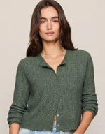 Z Supply Medina Pointelle Cardigan in Monstera green, cable-knit button-front style with collar, worn by model with jeans