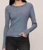 Z SUPPLY Arlet Mini Thermal Top in Mineral Blue, long-sleeve waffle-knit fitted top with boat neck, worn by model with dark jeans
