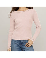 Z SUPPLY Arlet Mini Thermal Top in Soft Blush, long-sleeve waffle-knit crop top with boat neck, worn by model with blue jeans