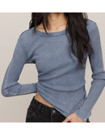 Z Supply Arlet Mini Thermal Top in Mineral Blue, long-sleeve waffle-knit crop top with scoop neck, worn by model with dark jeans