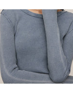 Z SUPPLY Arlet Mini Thermal Top in Mineral Blue, close-up detail shot of waffle-knit texture and crew neckline on model