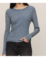 Z SUPPLY Arlet Mini Thermal Top in Mineral Blue, long-sleeve waffle-knit fitted top with round neck, worn by model with dark jeans