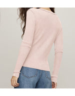 Z SUPPLY Arlet Mini Thermal Top in Soft Blush, back view on model, waffle-knit texture, long sleeves, paired with blue jeans