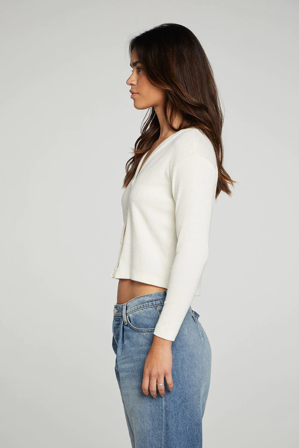BUTTON DOWN CROPPED CARDIGAN-OAT MILK