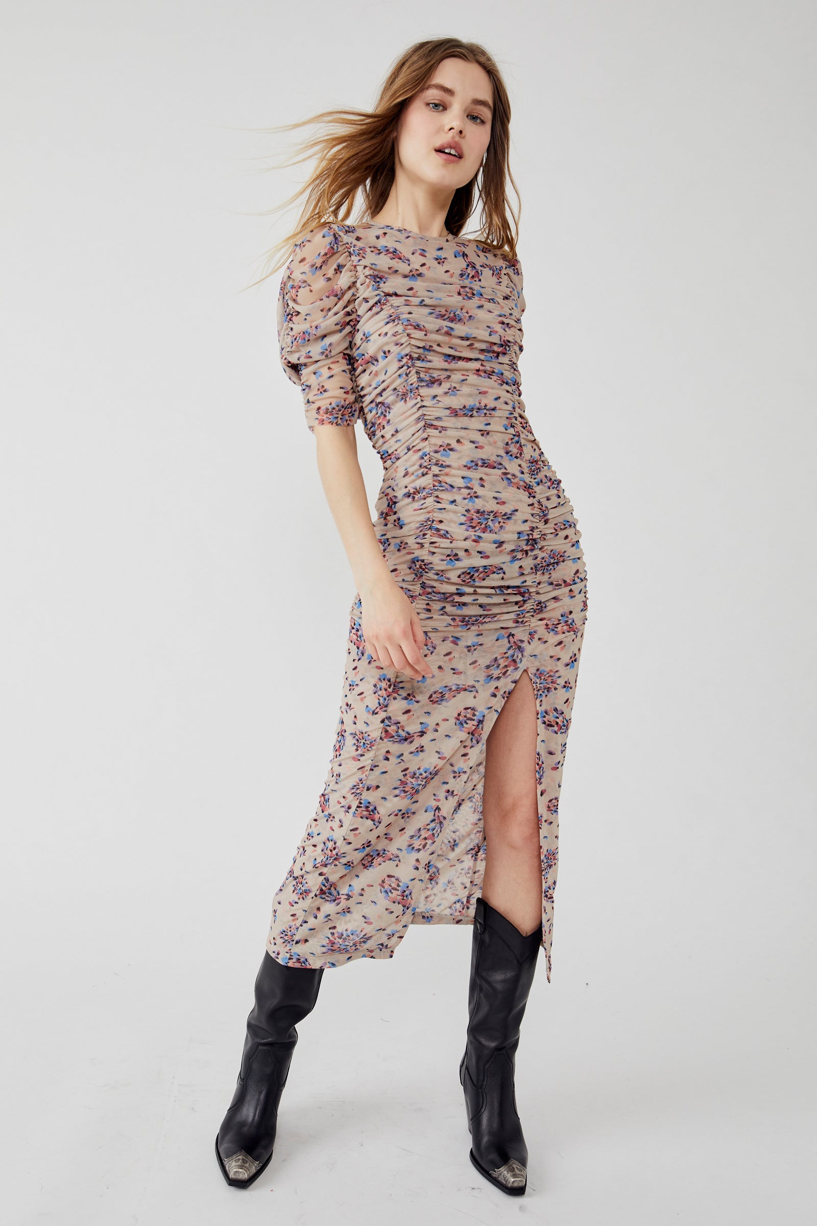 Free People Women's Briella Floral Ruched Midi-Dress - Tea Combo - Size Medium Free People Women's Briella Floral Ruched Midi-Dress - Tea Combo - Size Medium