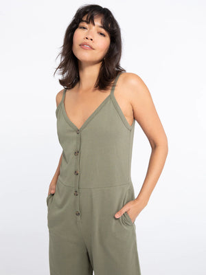 BUTTON FRONT KNIT JUMPSUIT TRAIL GREEN