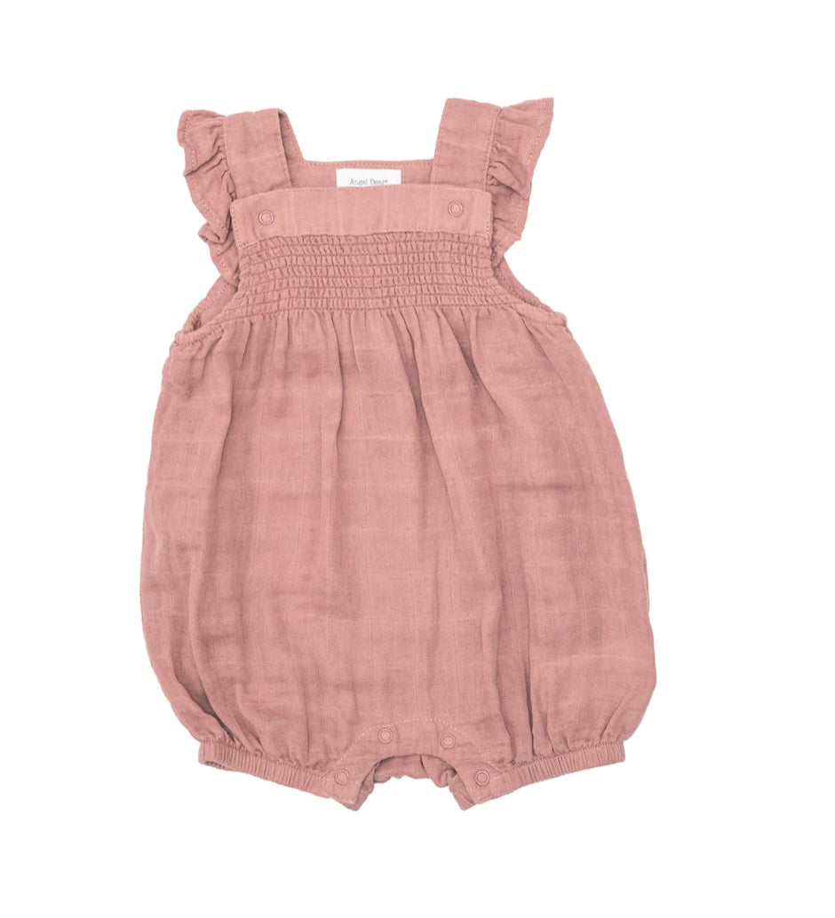 SMOCKED OVERALL SHORTIE - SOLID MUSLIN ROSE TAN