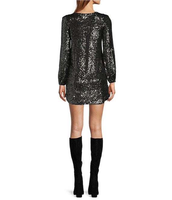 DELOREAN LONG SLEEVE SEQUIN DRESS - GUNMETAL