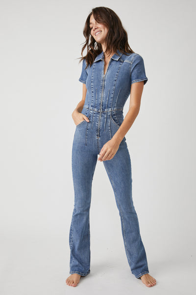 BLUE ZIP-FLY RETRO FLARED DENIM JUMPSUIT