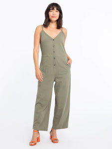 BUTTON FRONT KNIT JUMPSUIT TRAIL GREEN
